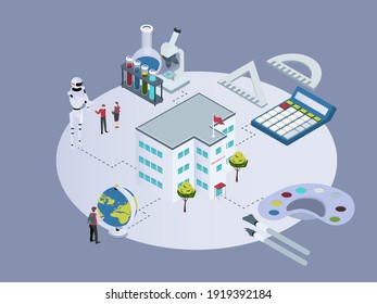 University building with many major program. Isometric vector concept