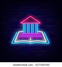 University building on open book neon sign. School concept. Education emblem. Back to school design. Knowledge label. Glowing advertising on brick wall. Vector stock illustration