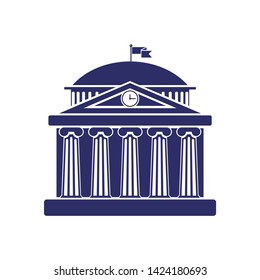 University building sign, bank, museum, library, parliament. Classical Greece Roman architecture with Ionic columns, dome, clock, spire and flag. web icon,monochrome isolated vector illustration