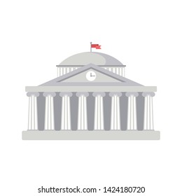 University building sign, bank, museum, library, parliament. Classical Greece Roman architecture in white with Ionic columns, dome, clock, spire and flag. web icon, isolated vector illustration