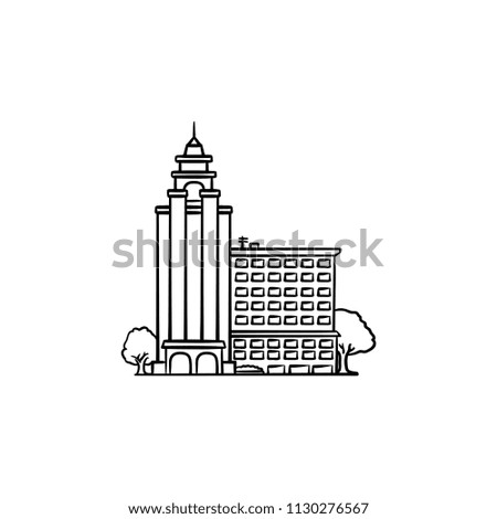 University building with trees hand drawn outline doodle icon. Campus and cityscape concept. Vector sketch illustration for print, web, mobile and infographics on white background.