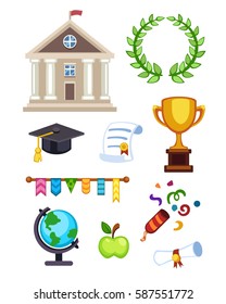 University building vector illustration. Flat school education elementary high college icons isolated. Graduation ceremony champion cup winner trophy diploma.