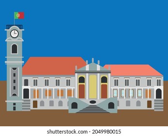 University building vector illustration with tower and Portuguese flag blue sky. Coimbra Portugal