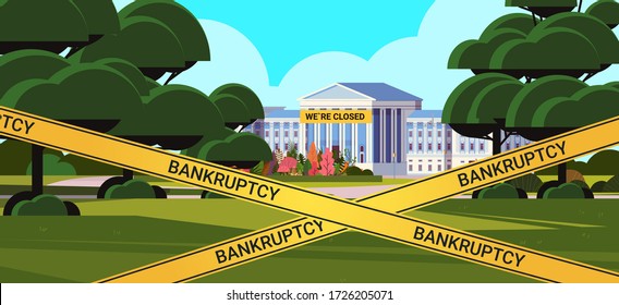 University Building With Yellow Closing Tape Coronavirus Pandemic Quarantine Covid-19 Concept No People College Campus Yard Horizontal Vector Illustration