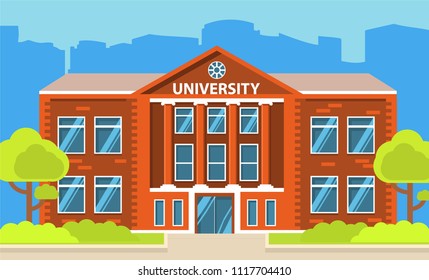 University Building.Education Student.City Landscape House Facade.College Building.Concept Of Design Horizontal Banner Flat Vector.City Skyline With Skyscrapers.