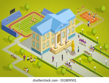 University campus building and sport complex facilities with students isometric view poster vector illustration  