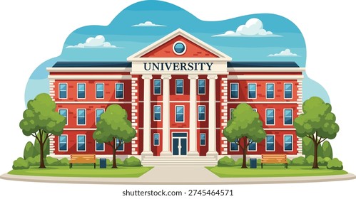 University Campus Building Vector Illustration, Academic College Architecture with Trees