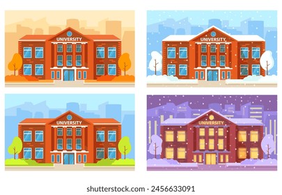 University campus building.Higher education institutions.Academy education center University high school.Vector flat illustration.Winter university campus building.Higher education institutions.