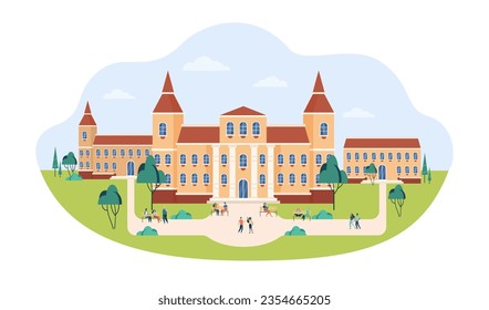 University campus buildings vector illustration. Students walking around administrative building, lecture halls, library or dorms. Education, architecture, back to school concept