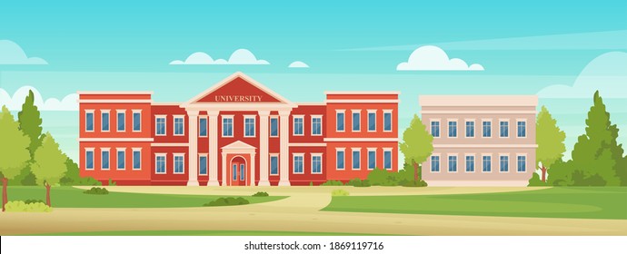 University campus city building vector illustration. Cartoon urban cityscape with college campus facade or academy for students, entrance to library, high school or university architecture background