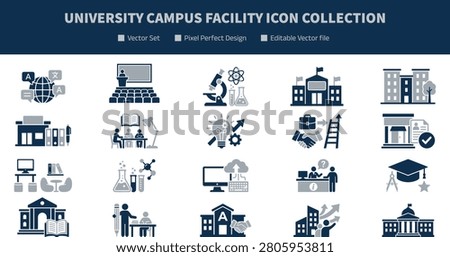 University Campus Facility Icon Collection with Academic Offices, Student Services, Research Centers, and Educational Buildings for Graphic Design Projects