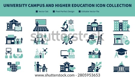 University Campus and Higher Education Icon Collection with Academic Facilities and Student Services Symbols for School Graphic Design Projects