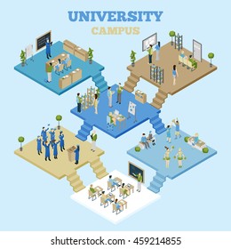 University campus isometric illustration with classrooms and students having classes on light blue background vector illustration