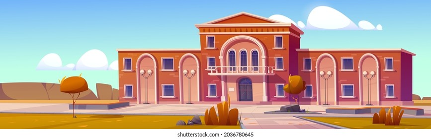 University campus or library facade with front yard, street lamps, autumn trees and tiled path. High school building classic architecture, educational public institution, Cartoon vector illustration