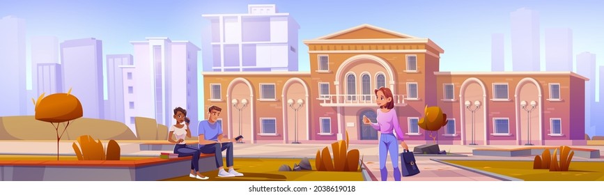 University campus or library facade with students diversity. Multiracial young men and women with books and smartphones communicate at high school building front yard, Cartoon vector illustration