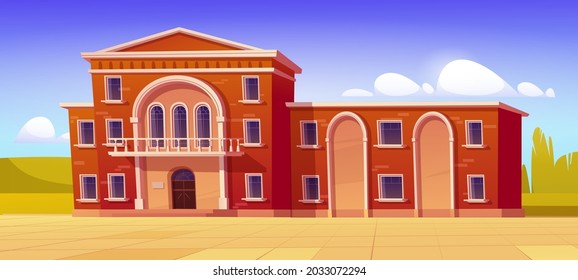 University Campus, Library Or High School Building Classic Architecture. Educational Public Institution Facade Of Red Brick With Arched Entrance, Windows And Fenced Balcony Cartoon Vector Illustration