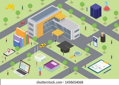 University Campus Life Concept With Big Building And Some Related Icon In Education With Some Student On Campus Area With Modern Isometric Style - Vector