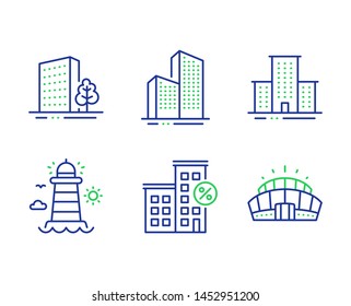 University campus, Lighthouse and Skyscraper buildings line icons set. Buildings, Loan house and Arena stadium signs. Town building, Beacon tower, Town architecture. City architecture. Vector