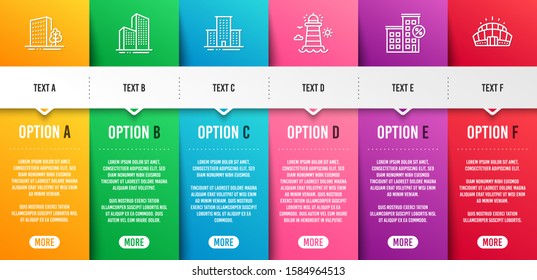 University campus, Lighthouse and Skyscraper buildings line icons set. Infographic timeline. Buildings, Loan house and Arena stadium signs. Town building, Beacon tower, Town architecture. Vector