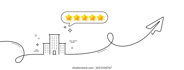 University campus line icon. Continuous line with share plane. Apartments sign. Architecture buildings symbol. Five star rate review in speech bubble. University campus single line ribbon. Vector