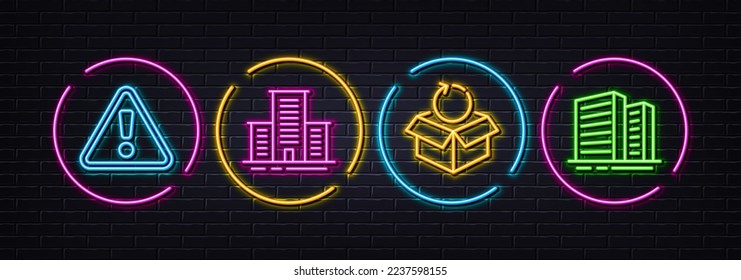 University campus, Return package and Warning minimal line icons. Neon laser 3d lights. Buildings icons. For web, application, printing. Town building, Exchange goods, Important message. Vector