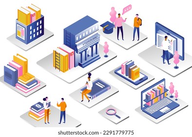 University campus set. Students among bookshelves. Education, learning and training. Men and women near big books and tablets. Cartoon isometric vector illustrations isolated on white background