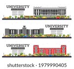 University Campus Set. Study Banners Isolated on White. Vector Illustration. Students Go to the Main Building of University. Skyline with Green Tree. Banner with Copy Space.