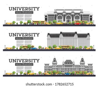 University Campus Set. Study Banners Isolated on White. Vector Illustration. Students Go to the Main Building of University. Skyline with Green Tree. Banner with Copy Space.
