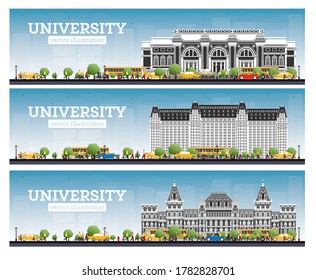 University Campus Set. Study Banners. Vector Illustration. Students Go to the Main Building of University. Skyline with Blue Sky and Green Tree. Banner with Copy Space.