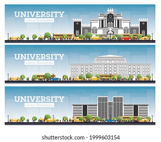 University Campus Set. Study Banners. Vector Illustration. Students Go to the Main Building of University. Skyline with Blue Sky and Green Tree. Banner with Copy Space.