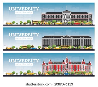 University Campus Set. Study Banners. Vector Illustration. Students Go to the Main Building of University. Skyline with Blue Sky and Green Tree. Banner with Copy Space.