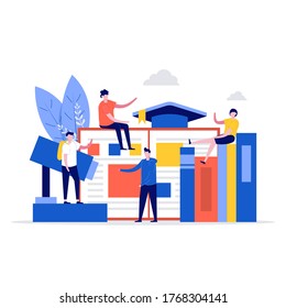 University Campus Vector Illustration Concept With Students And School Elements. Modern Flat Style For Landing Page, Mobile App, Poster, Flyer, Template, Web Banner, Infographics, Hero Images.