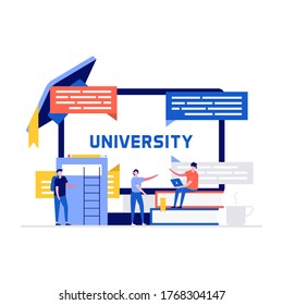 Concepto de ilustración vectorial de campus universitarios con estudiantes y elementos escolares. Estilo plano moderno para página de inicio, aplicación móvil, afiche, volante, plantilla, banner web, infografías, imágenes de héroes.