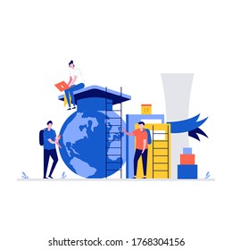 University campus vector illustration concept with students and school elements. Modern flat style for landing page, mobile app, poster, flyer, template, web banner, infographics, hero images.