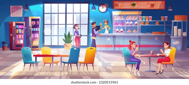 University canteen with students eating at table. Vector cartoon illustration of large college cafeteria, young man and women ordering food from menu, snacks and desserts on display, vending machines