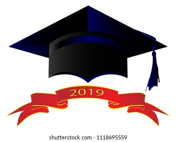 A university cap with banner showing 2019