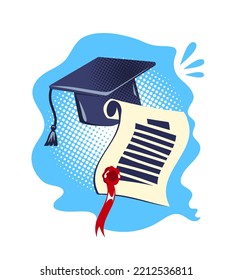 University cap and diploma. Flat style, vector image.