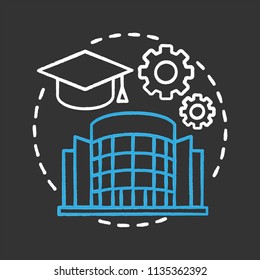 University chalk concept icon. High education idea. Student's graduation hat, cogwheels, college building. Vector isolated chalkboard illustration