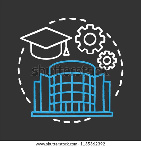 University chalk concept icon. High education idea. Student's graduation hat, cogwheels, college building. Vector isolated chalkboard illustration