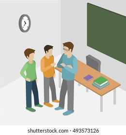 University class auditory lecture. Flat 3D isometric interior of classroom with teacher and student. Business training education.