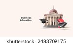 University, college, academy, books, and graduation caps, 3D. Realistic building for education, science, and medicine advertising concepts. Vector