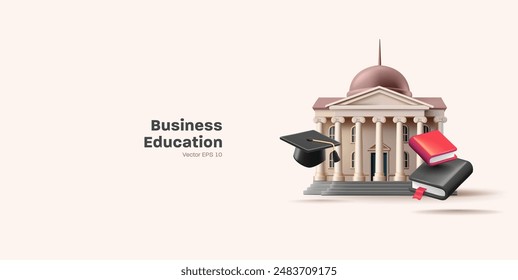 University, college, academy, books, and graduation caps, 3D. Realistic building for education, science, and medicine advertising concepts. Vector