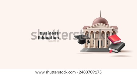 University, college, academy, books, and graduation caps, 3D. Realistic building for education, science, and medicine advertising concepts. Vector