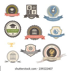 University, college and academy heraldic emblems logo with shields, buildings, wreaths, ribbons and education elements