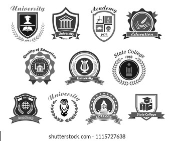 University, college and academy vector icons. Badge shields for high school education graduates in science, music and law. Ribbons of bachelor hat, laurel wreath, book pen and owl