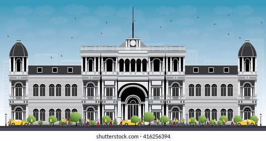 University or college building in classic style. Vector illustration. Education concept with students, green tree and blue sky. 