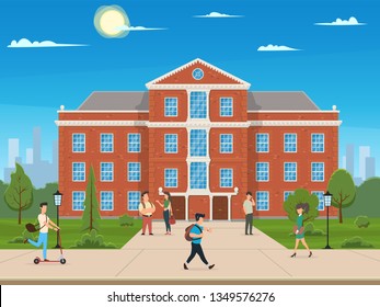 University or college building. Education student, flat campus design, graduation university, vector illustration