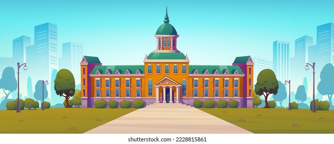 University or college campus building front view. High school educational institution yard with green trees and grass lawn. Classic city architecture summer landscape, Cartoon vector illustration