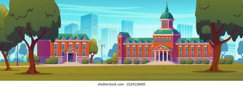 University, college campus buildings, high school educational institution empty front yard with green trees, grass lawns. Classic city architecture summer landscape Cartoon vector illustration