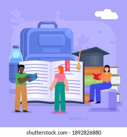 University or college campus life, educational courses. Group of people stand near big pile of books, backpack. Modern vector illustration